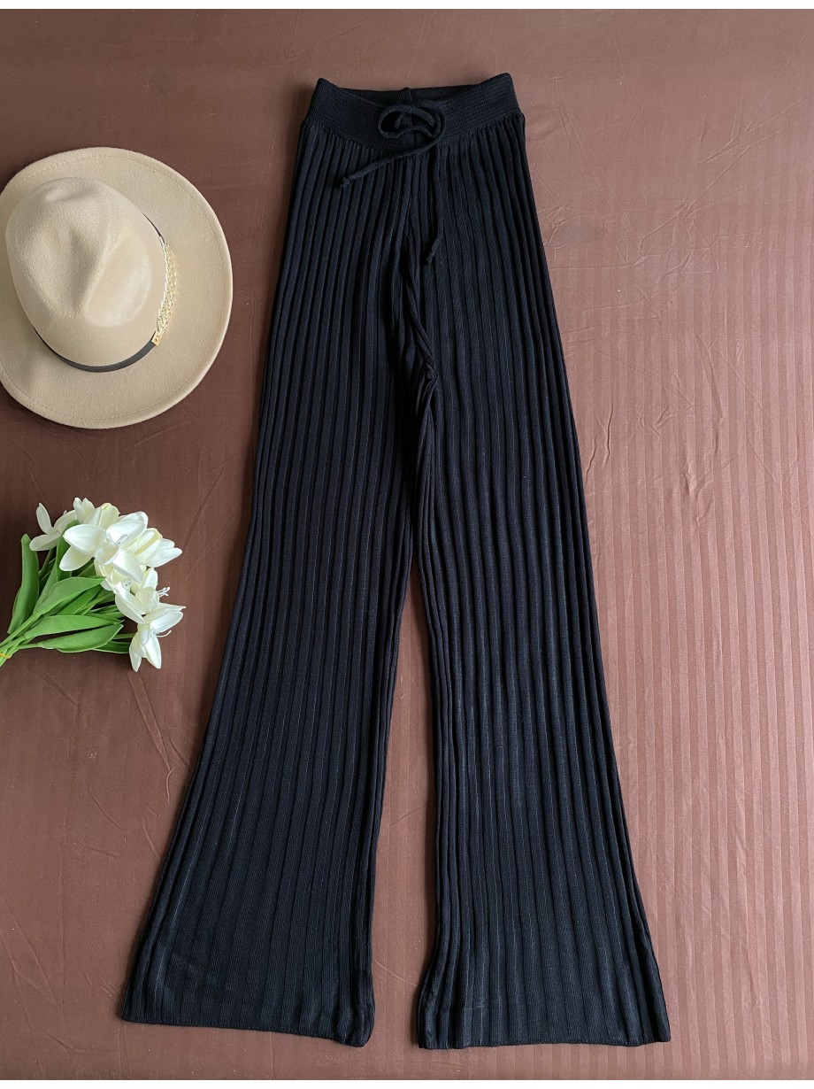 Pantaloni dama din tricot SUBTIRE negri cu snur in talie