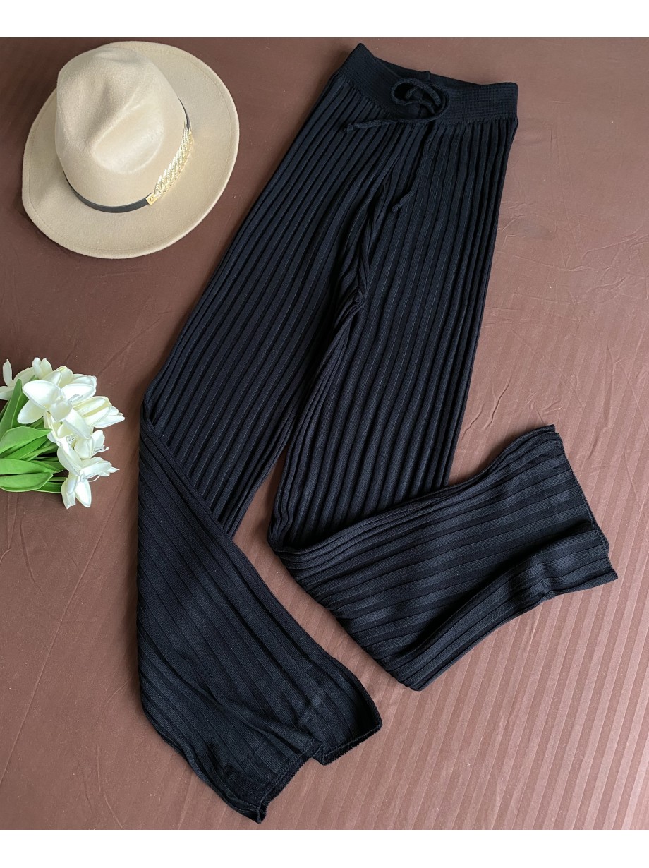 Pantaloni dama din tricot SUBTIRE negri cu snur in talie