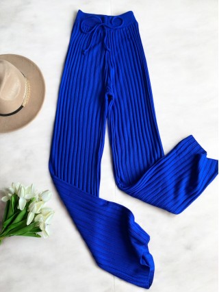 Pantaloni dama din tricot SUBTIRE albastru electric cu snur in talie