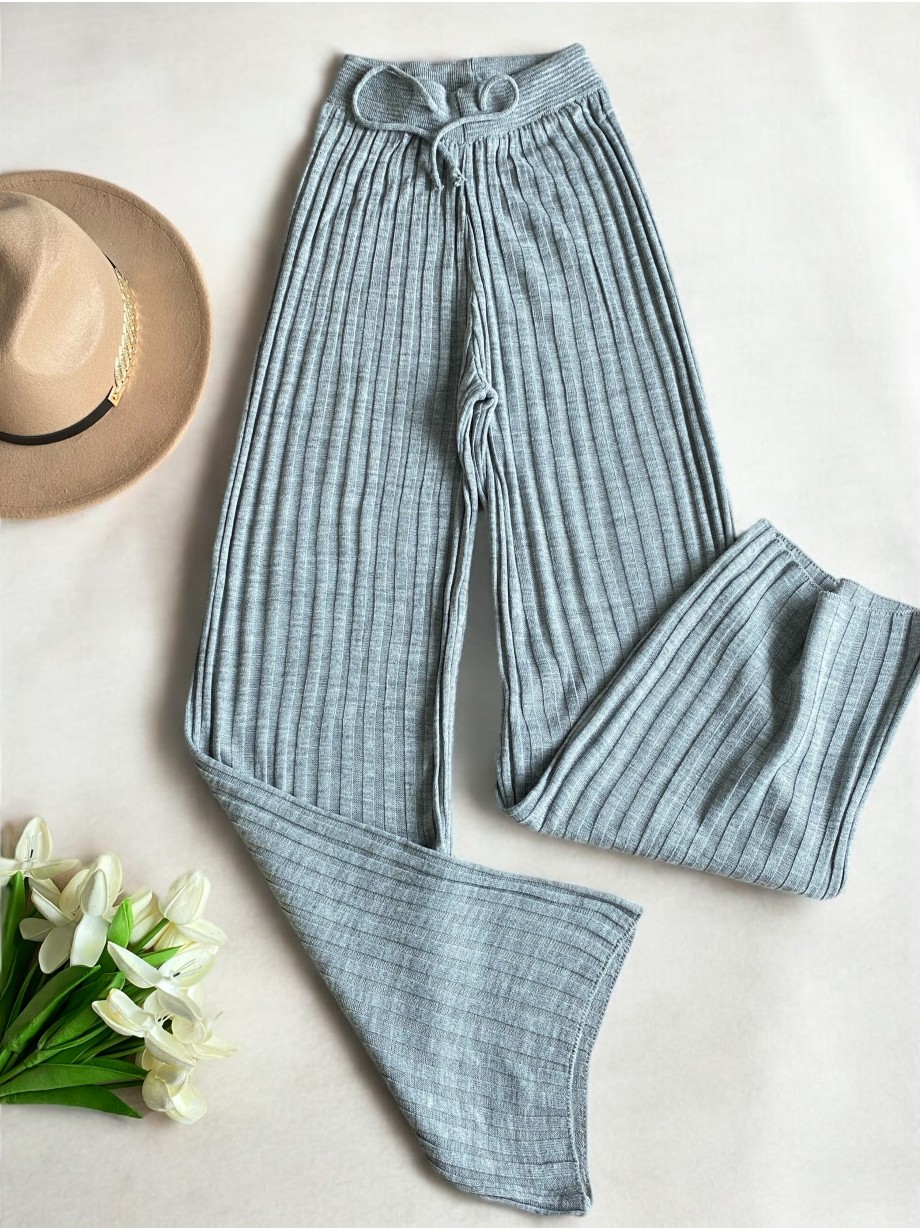 Pantaloni dama din tricot SUBTIRE gri cu snur in talie