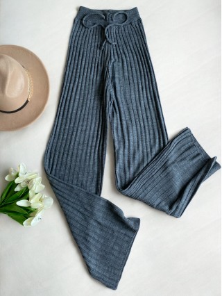 Pantaloni dama din tricot SUBTIRE gri otel cu snur in talie