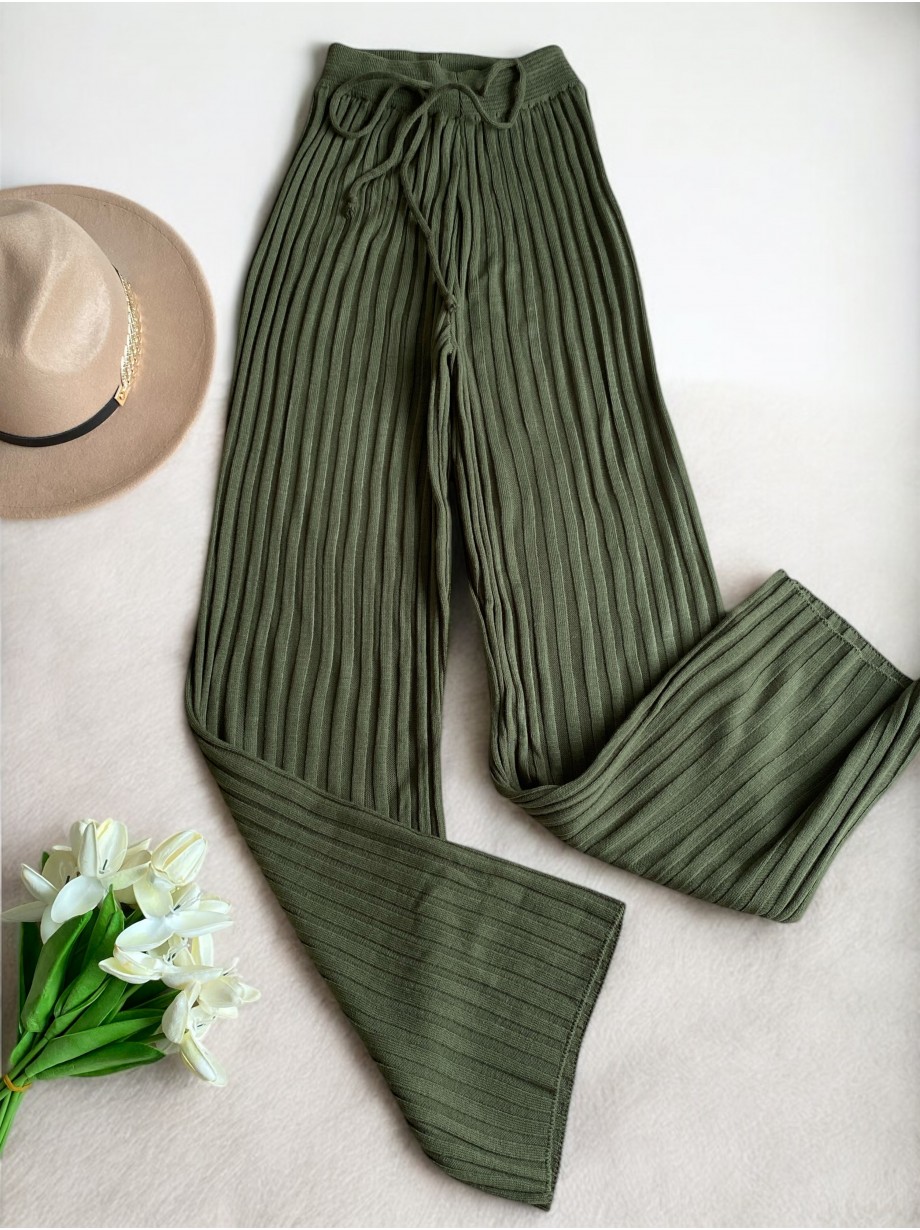 Pantaloni dama din tricot SUBTIRE khaki cu snur in talie