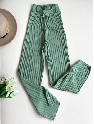 Pantaloni dama din tricot SUBTIRE verde aloe cu snur in talie