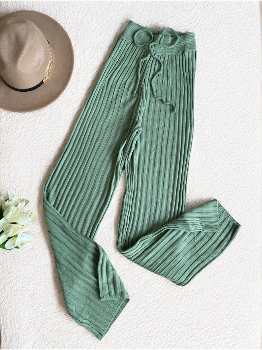Pantaloni dama din tricot SUBTIRE verde aloe cu snur in talie