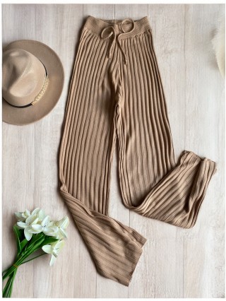 Pantaloni dama din tricot SUBTIRE maro cu snur in talie