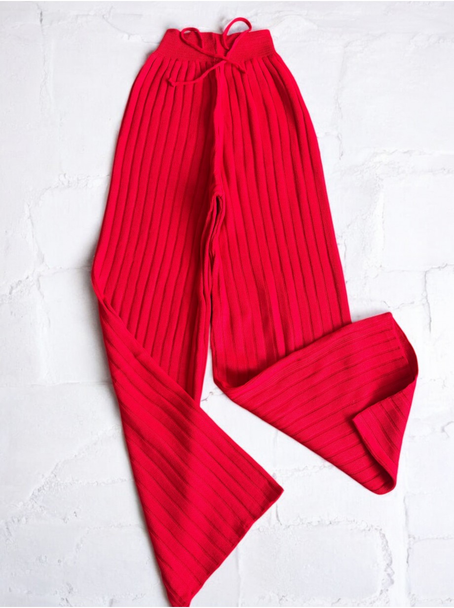 Pantaloni dama din tricot GROS corai cu snur in talie