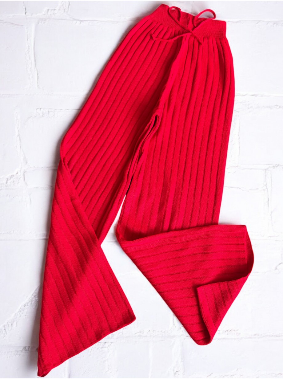 Pantaloni dama din tricot GROS corai cu snur in talie