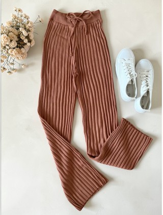 Pantaloni dama din tricot SUBTIRE maro caramiziu cu snur in talie