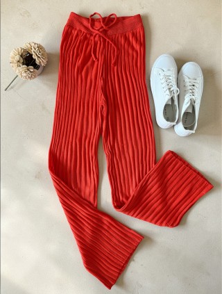 Pantaloni dama din tricot SUBTIRE portocalii cu snur in talie