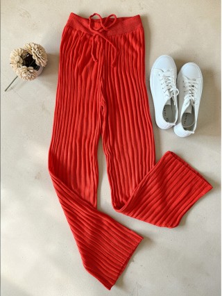 Pantaloni dama din tricot SUBTIRE portocalii cu snur in talie