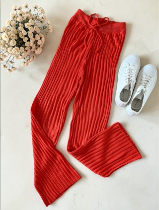 Pantaloni dama din tricot SUBTIRE portocalii cu snur in talie