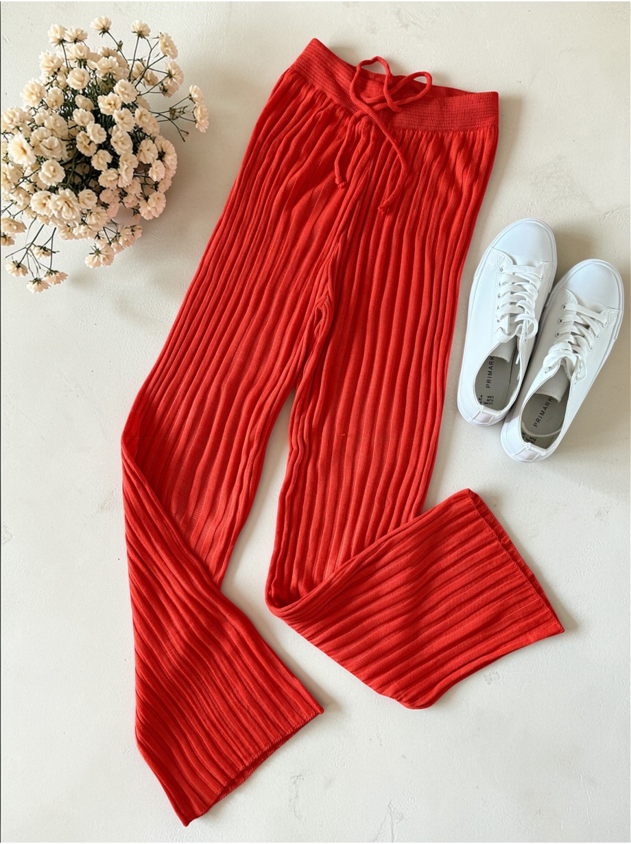 Pantaloni dama din tricot SUBTIRE portocalii cu snur in talie Pantaloni dama din tricot SUBTIRE portocalii cu snur in talie