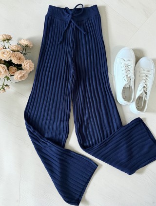 Pantaloni dama din tricot SUBTIRE bleumarin cu snur in talie