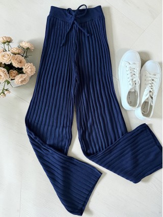 Pantaloni dama din tricot SUBTIRE bleumarin cu snur in talie
