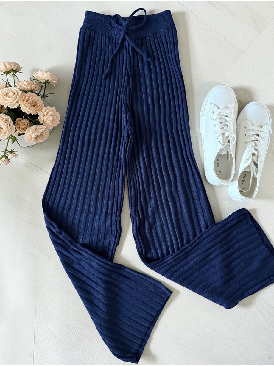 Pantaloni dama din tricot SUBTIRE bleumarin cu snur in talie Pantaloni dama din tricot SUBTIRE bleumarin cu snur in talie