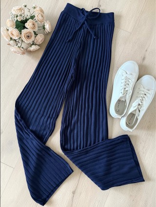 Pantaloni dama din tricot SUBTIRE bleumarin cu snur in talie