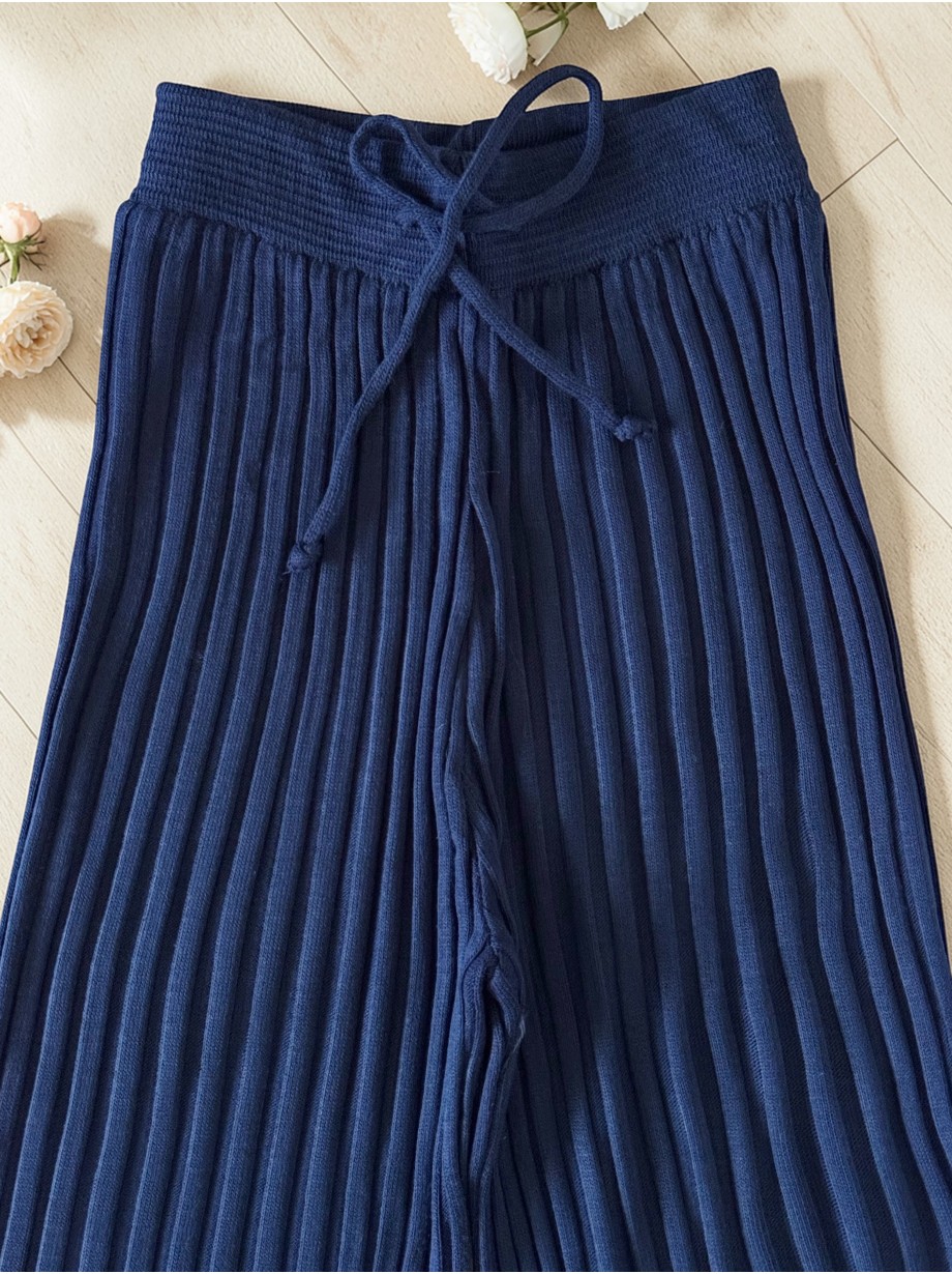 Pantaloni dama din tricot SUBTIRE bleumarin cu snur in talie Pantaloni dama din tricot SUBTIRE bleumarin cu snur in talie