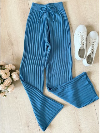 Pantaloni dama din tricot SUBTIRE albastri ciel cu snur in talie