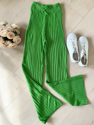 Pantaloni dama din tricot SUBTIRE verde neon cu snur in talie