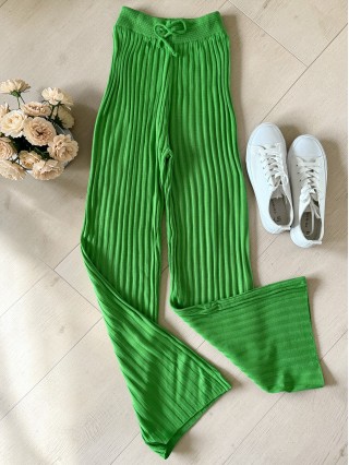 Pantaloni dama din tricot SUBTIRE verde neon cu snur in talie