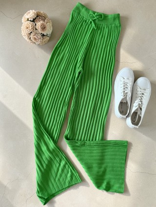 Pantaloni dama din tricot SUBTIRE verde neon cu snur in talie