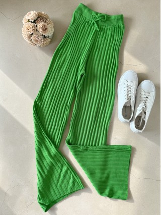Pantaloni dama din tricot SUBTIRE verde neon cu snur in talie