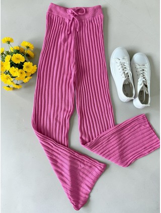 Pantaloni dama din tricot SUBTIRE roz cu snur in talie
