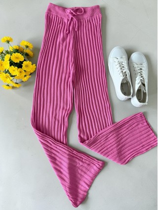 Pantaloni dama din tricot SUBTIRE roz cu snur in talie