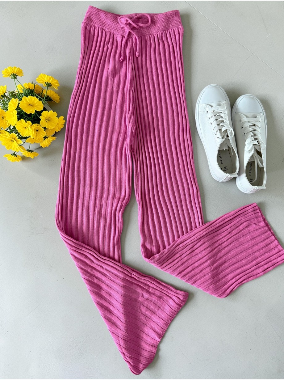 Pantaloni dama din tricot SUBTIRE roz cu snur in talie