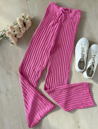 Pantaloni dama din tricot SUBTIRE roz cu snur in talie