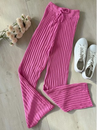 Pantaloni dama din tricot SUBTIRE roz cu snur in talie