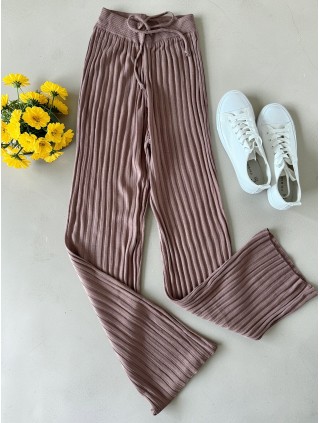 Pantaloni dama din tricot SUBTIRE roz pudra inchis cu snur in talie