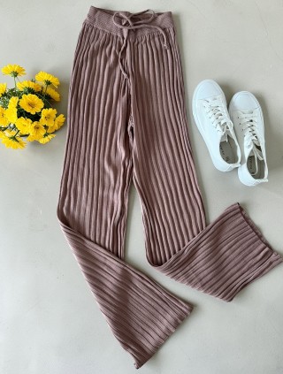 Pantaloni dama din tricot SUBTIRE roz pudra inchis cu snur in talie