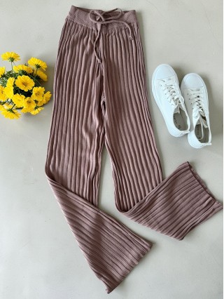 Pantaloni dama din tricot SUBTIRE roz pudra inchis cu snur in talie