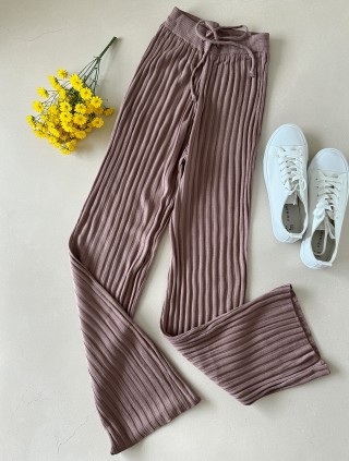 Pantaloni dama din tricot SUBTIRE roz pudra inchis cu snur in talie