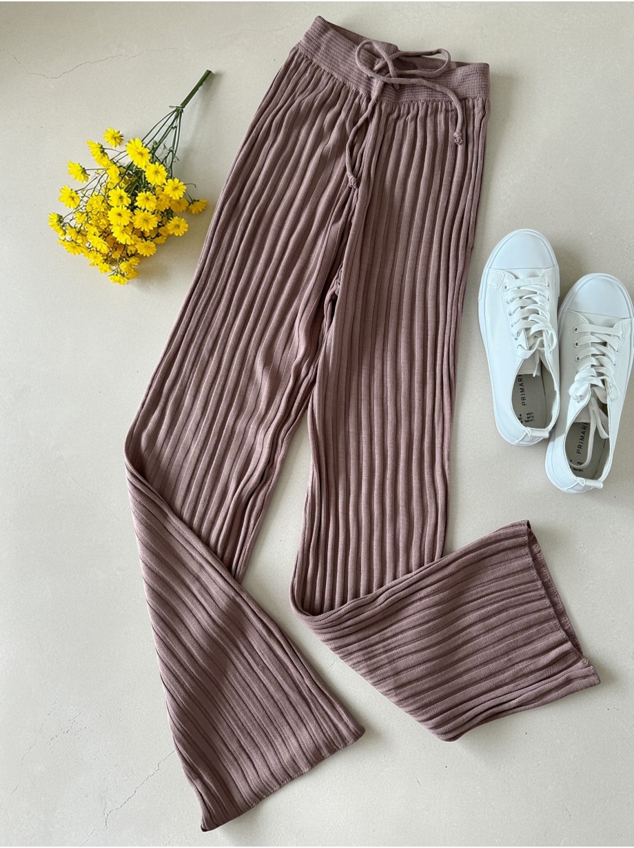 Pantaloni dama din tricot SUBTIRE roz pudra inchis cu snur in talie