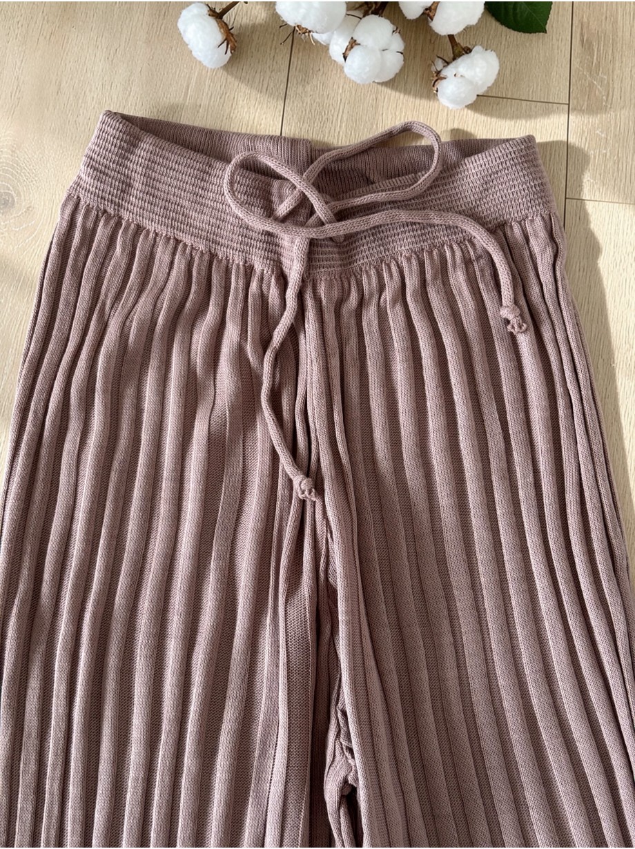 Pantaloni dama din tricot SUBTIRE roz pudra inchis cu snur in talie