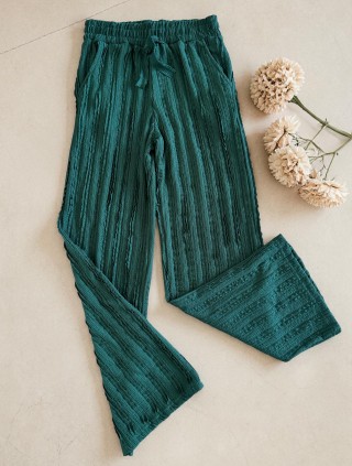 Pantaloni dama din bumbac turcoaz cu aspect creponat foarte versatili