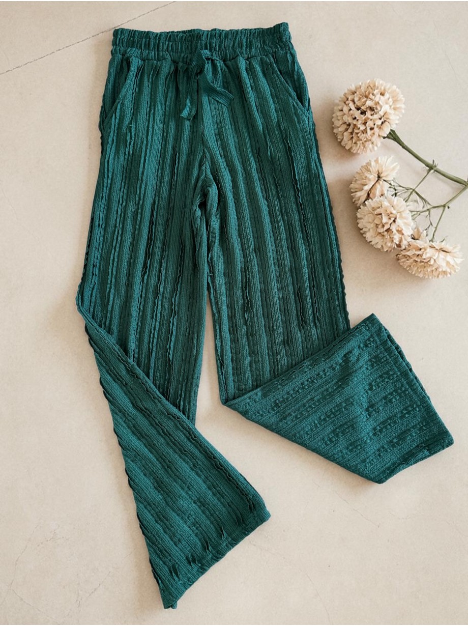 Pantaloni dama din bumbac turcoaz cu aspect creponat foarte versatili