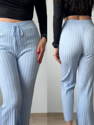 Pantaloni dama din tricot SUBTIRE baby blue cu snur in talie