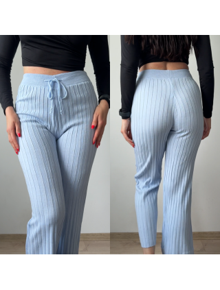 Pantaloni dama din tricot SUBTIRE baby blue cu snur in talie