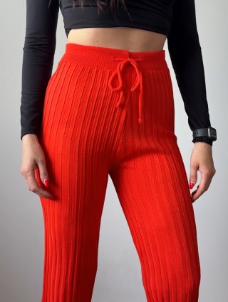 Pantaloni dama din tricot SUBTIRE portocalii cu snur in talie