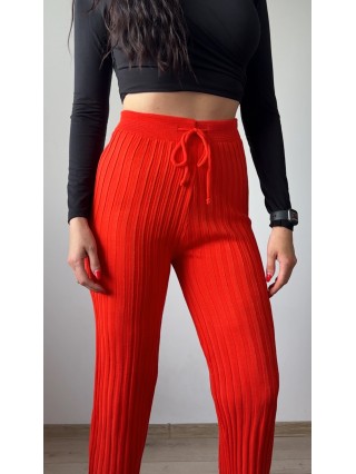 Pantaloni dama din tricot SUBTIRE portocalii cu snur in talie