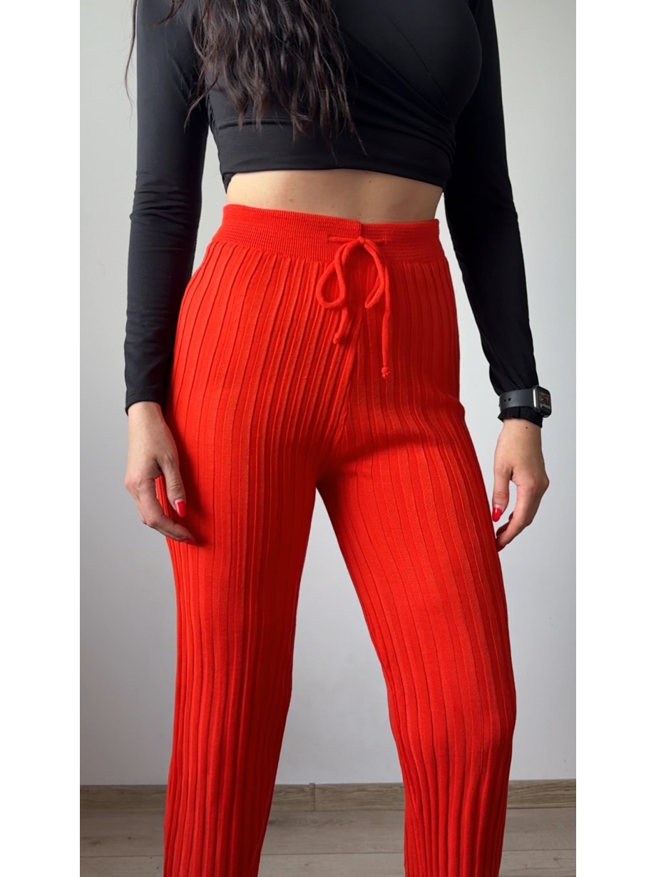 Pantaloni dama din tricot SUBTIRE portocalii cu snur in talie
