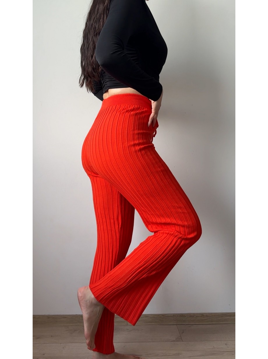 Pantaloni dama din tricot SUBTIRE portocalii cu snur in talie