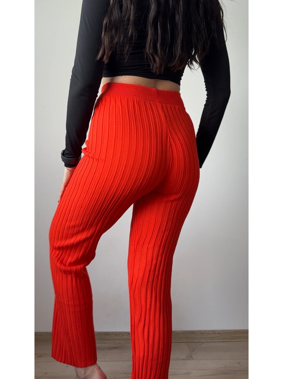 Pantaloni dama din tricot SUBTIRE portocalii cu snur in talie