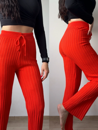 Pantaloni dama din tricot SUBTIRE portocalii cu snur in talie