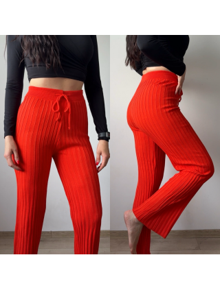 Pantaloni dama din tricot SUBTIRE portocalii cu snur in talie