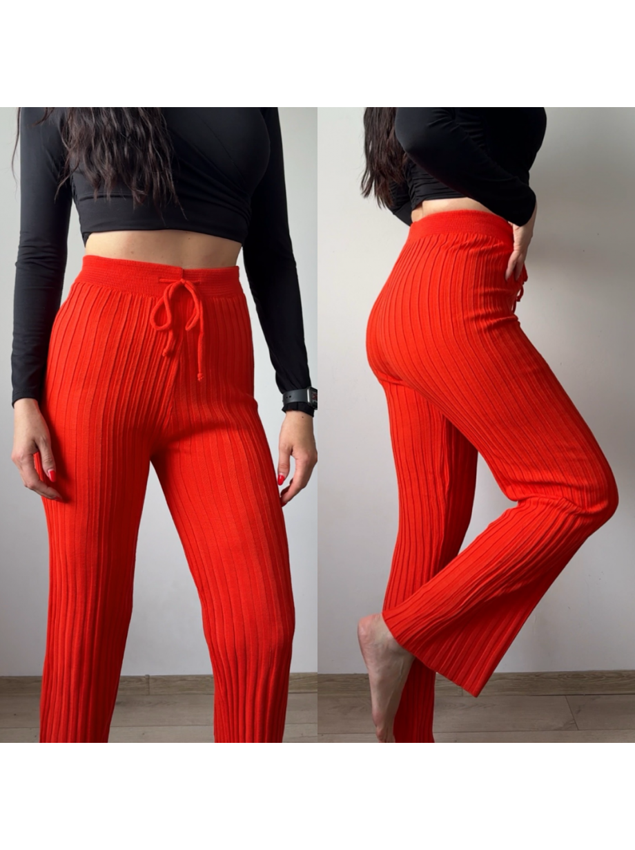 Pantaloni dama din tricot SUBTIRE portocalii cu snur in talie