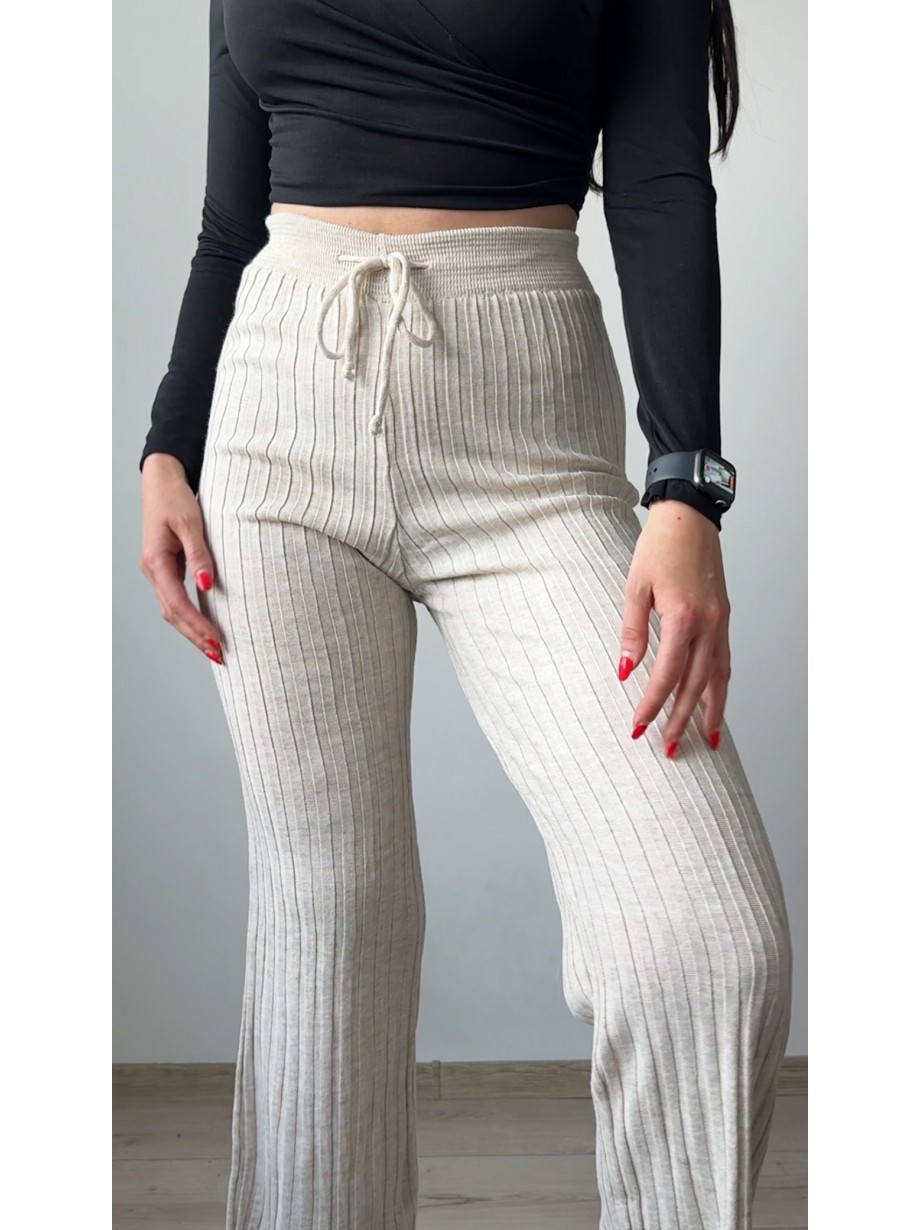 Pantaloni dama din tricot SUBTIRE ivoire inchis cu snur in talie